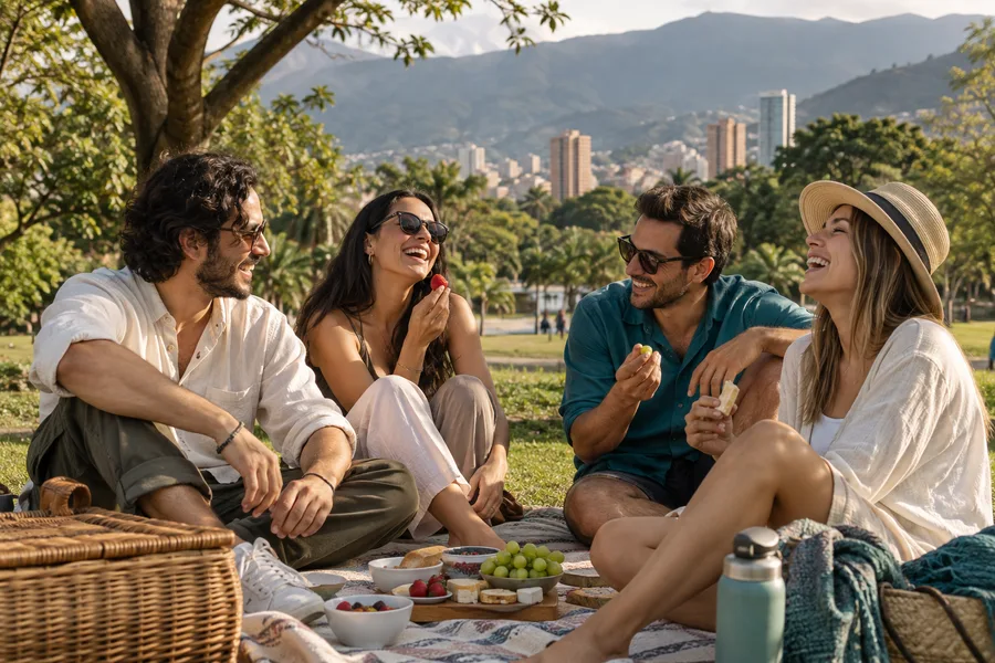 Amigos disfrutando de un picnic en el parque